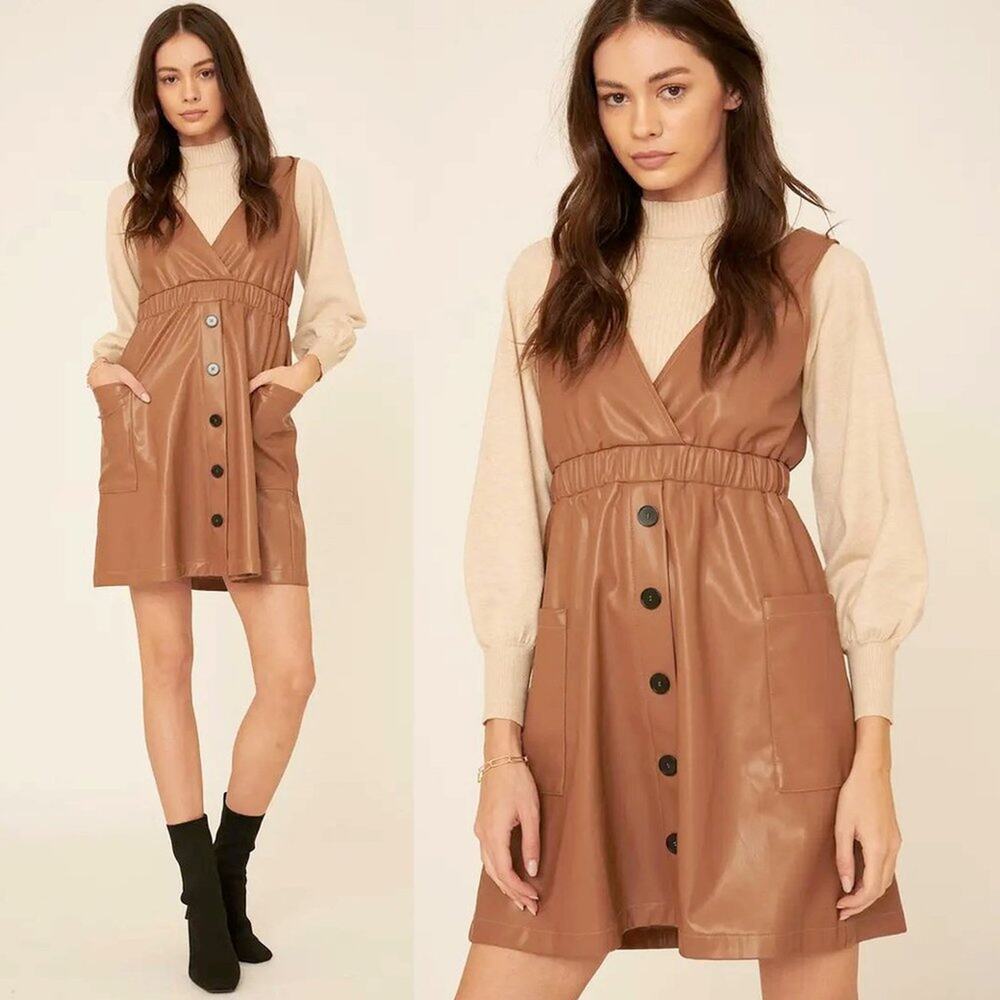 Caroline Faux Leather Surplice Mini Dress